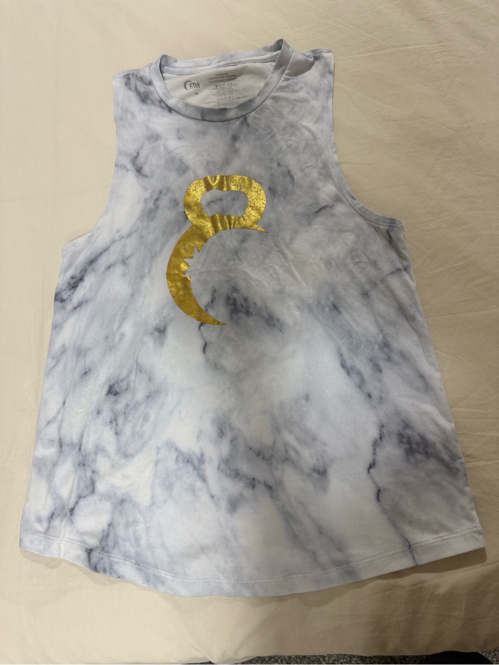 ZYIA White and Gray Marble-Print Tank with Metallic Gold Kettle Moon 🌙 Graphic